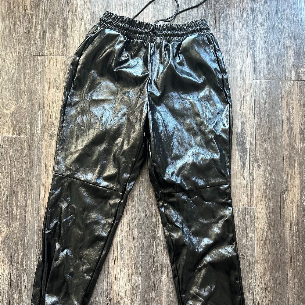 Forever 21 Black Faux Leather Jogger Pants – Shiny Elastic Waist, Size S